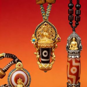 Nine-Eyed Dzi Bead Pendant – Tibetan Amulet Necklace