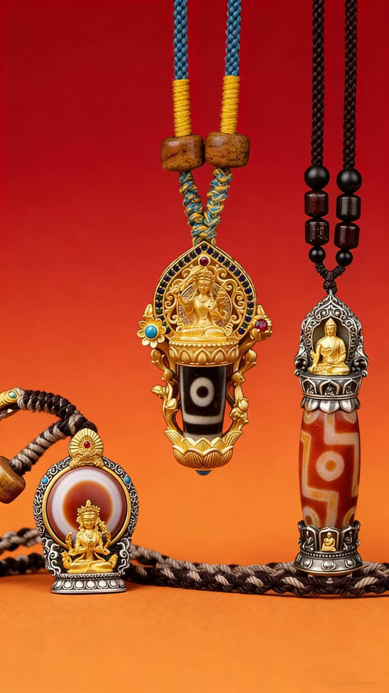 Nine-Eyed Dzi Bead Pendant – Tibetan Amulet Necklace