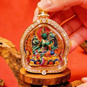 Green Tara Tsa-Tsa Pendant – Tibetan Gawu Box Style Amulet, Handcrafted Cultural Art Piece