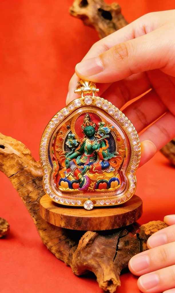 Green Tara Tsa-Tsa Pendant – Tibetan Gawu Box Style Amulet, Handcrafted Cultural Art Piece