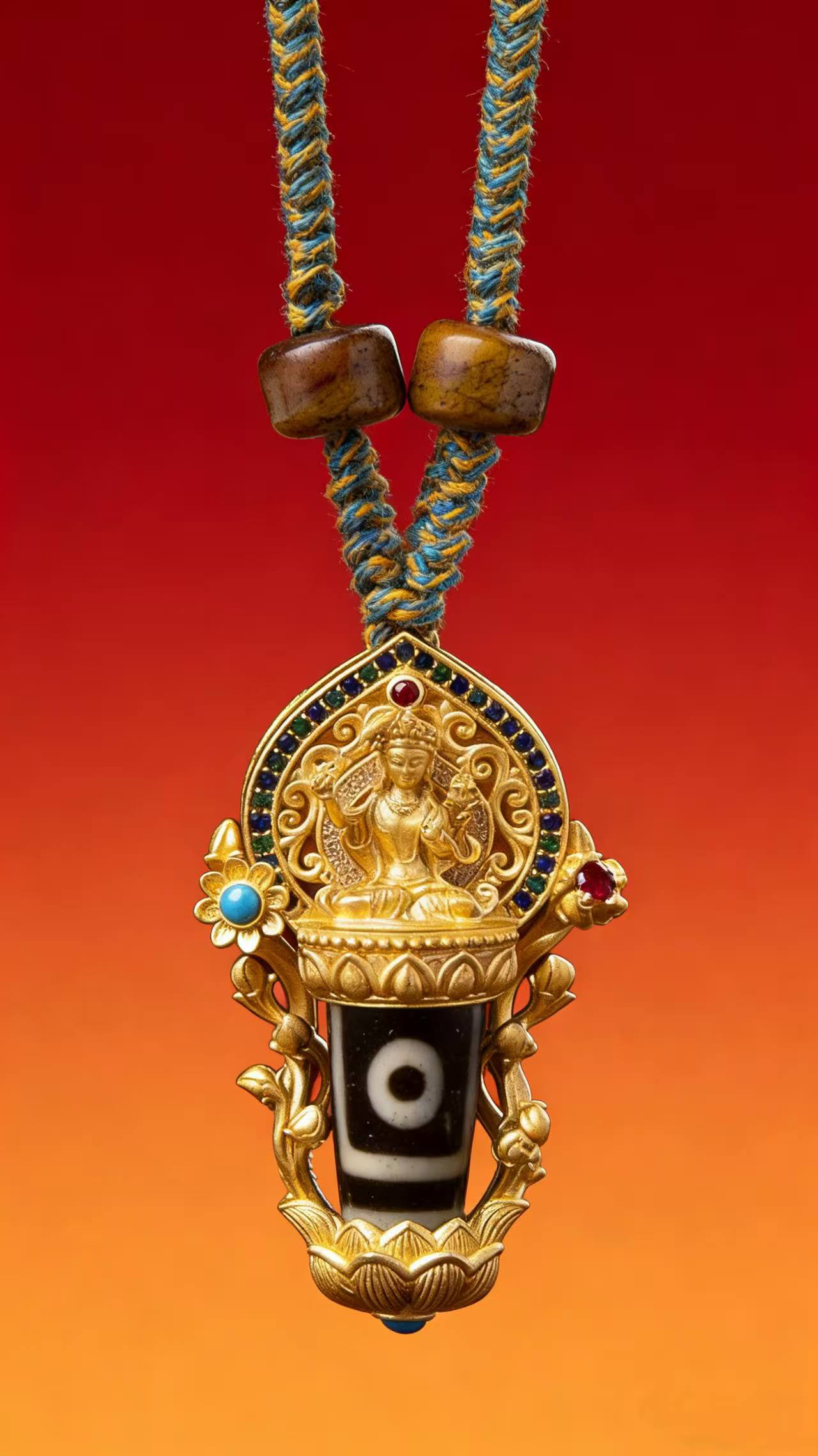 Nine-Eyed Dzi Bead Pendant – Tibetan Amulet Necklace - Image 2