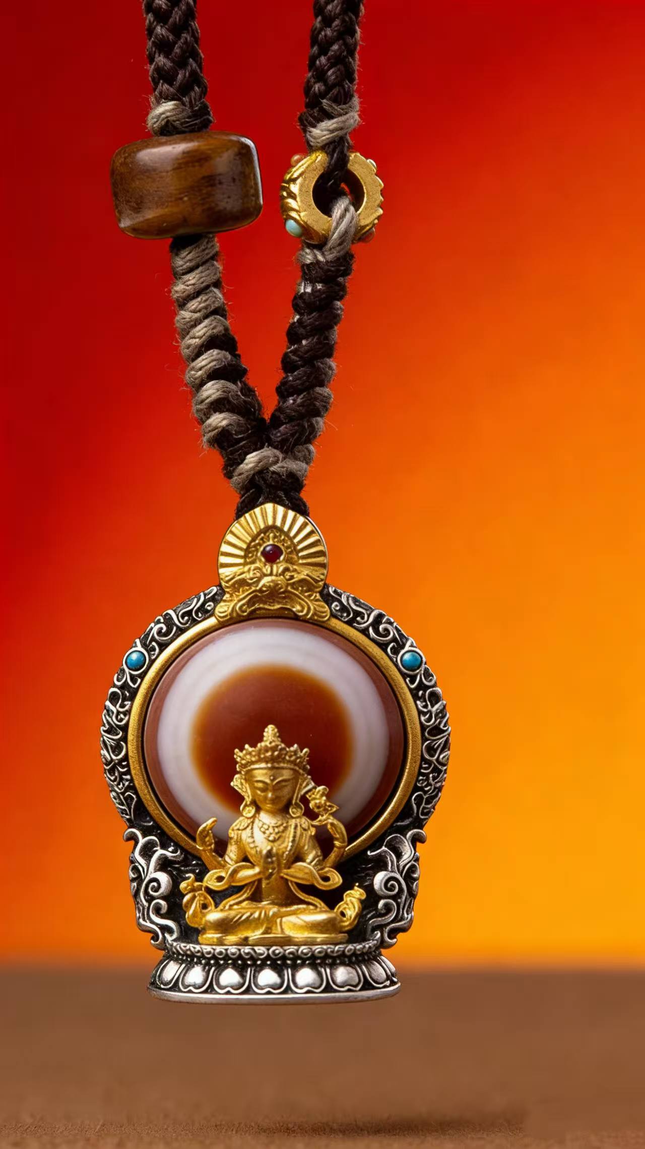 Nine-Eyed Dzi Bead Pendant – Tibetan Amulet Necklace - Image 3