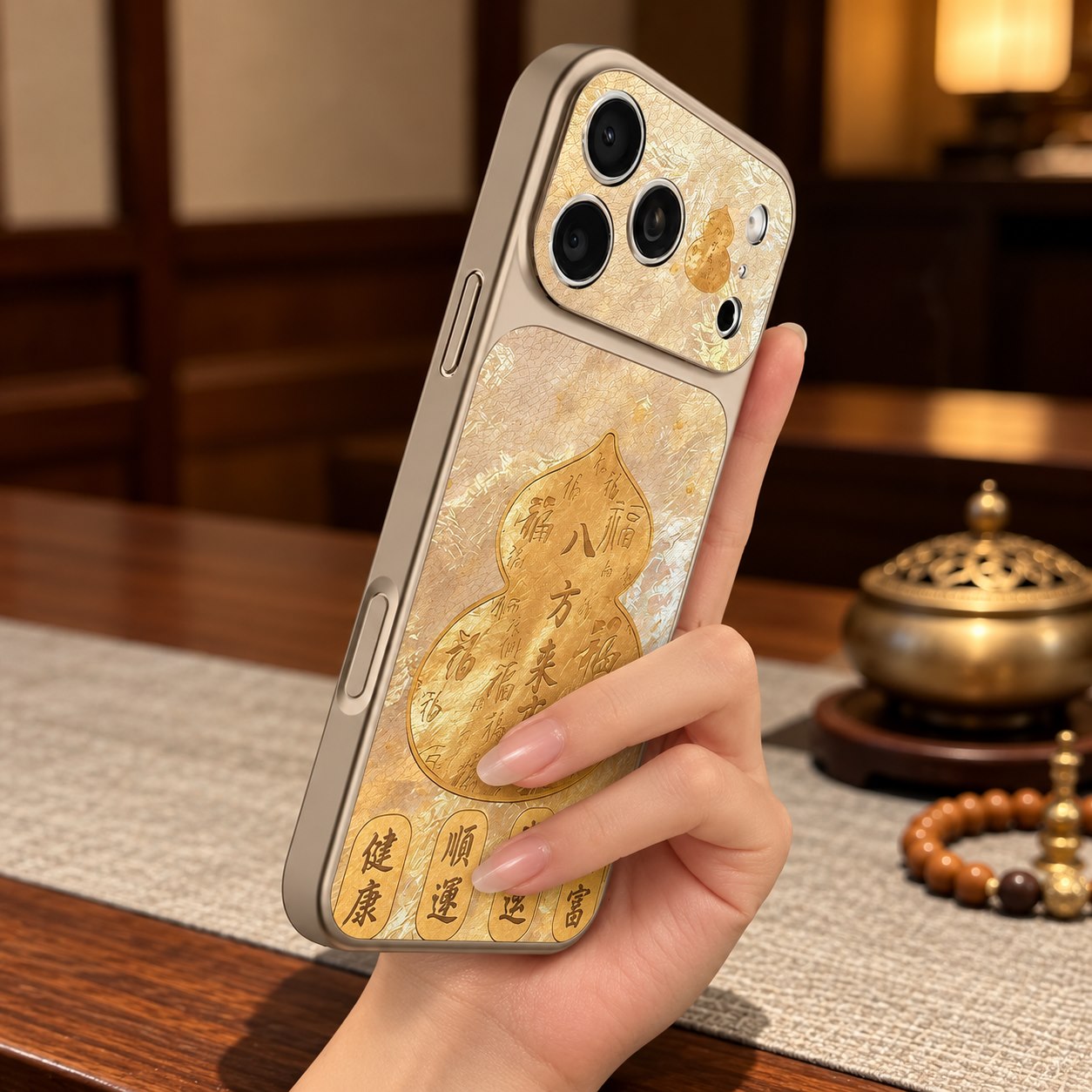 Golden gourd phone case showing the pale gold textured back and side profile
