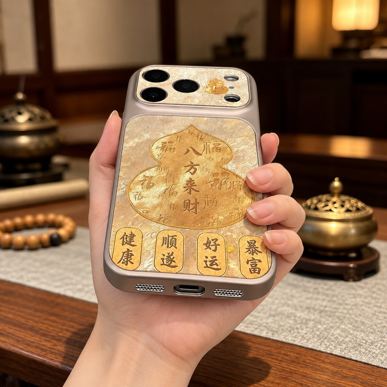 Golden gourd phone case showing Chinese blessing artwork and bottom openings