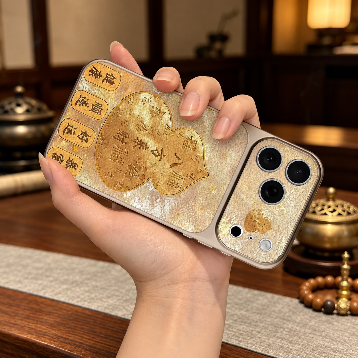 Golden gourd phone case held horizontally, showing the full gourd design